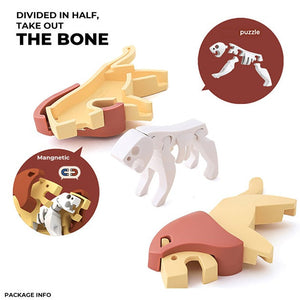 Halftoys Safari Friends magnetic puzzle toy shaped like a dog with removable bone; consists of interlocking parts that assemble to form a complete animal skeleton puzzle.