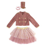 The Meri Meri Pink Soldier Costume by Meri Meri includes a velvet jacket, tulle skirt, and a ribbon-adorned small top hat, ideal for imaginative play.