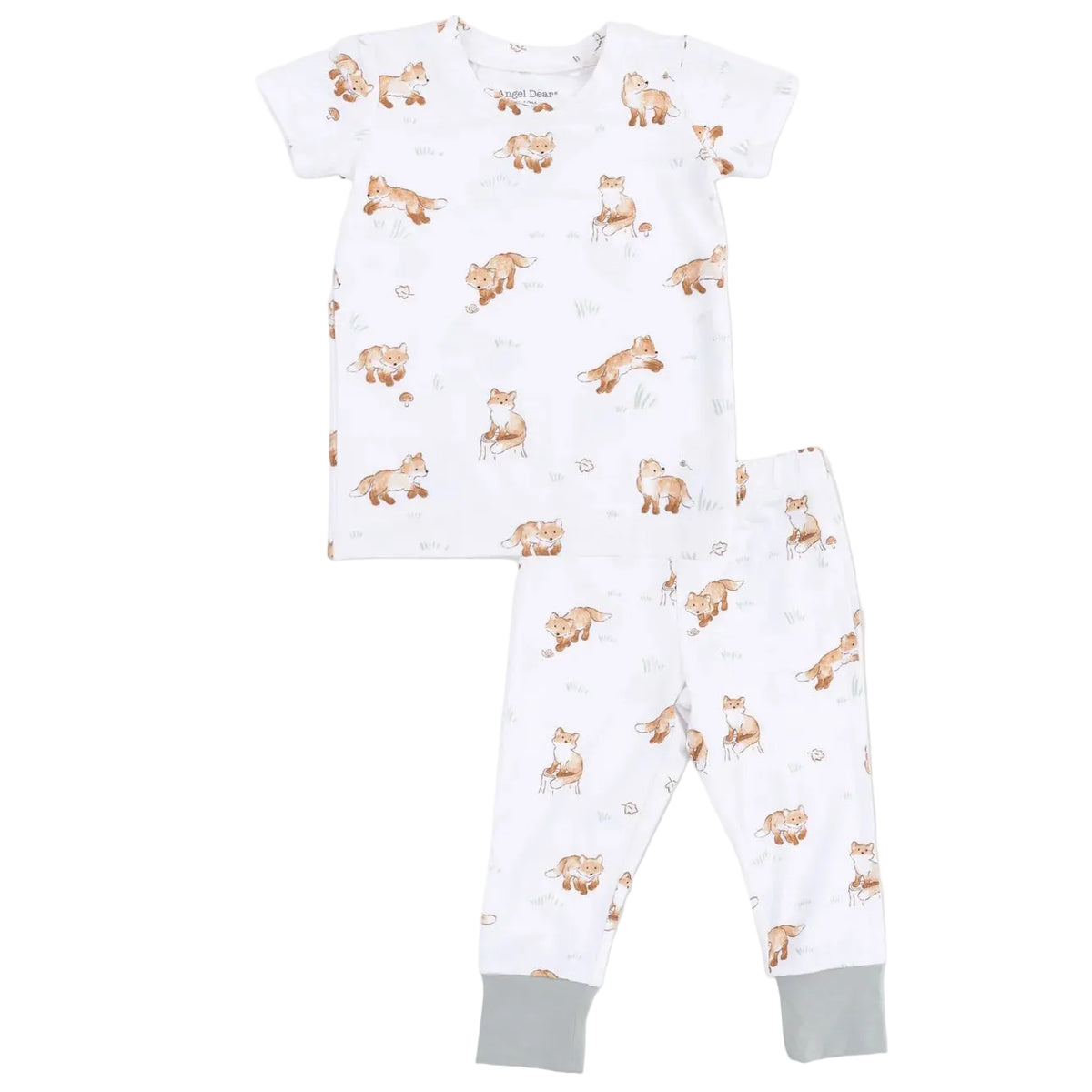 Introducing the Baby and Kids’ Short Sleeve Loungewear Set by Angel Dear. This delightful 2-piece pajama set includes a white short-sleeve top and coordinating bottoms, both featuring a playful brown fox print. Designed for comfort, the toddler pajamas are finished with grey cuffs on the pants, making this Angel Dear loungewear set ideal for cozy nights and cheerful mornings alike.