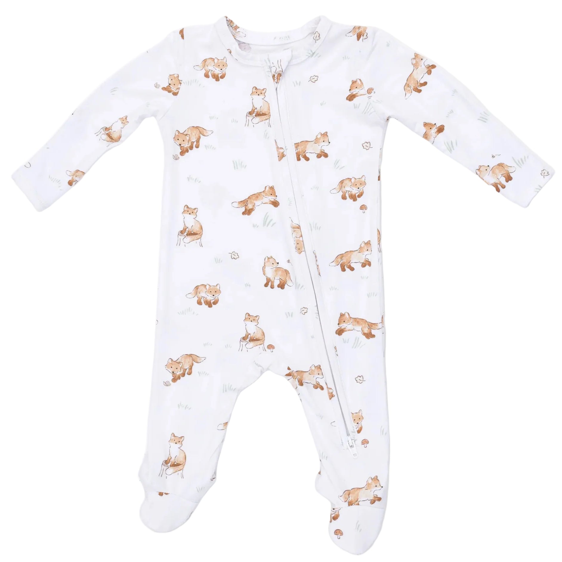 Dress your little one in the Angel Dear Baby 2-Way Zipper Footie, featuring an adorable print of brown foxes in playful poses among tufts of grass. Crafted from ultra-soft bamboo material, these pajamas offer both comfort and convenience with their versatile zipper design.