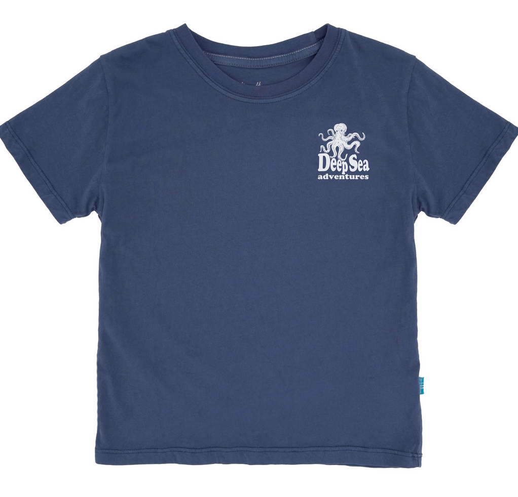 Introducing the Feather 4 Arrow Baby Boys’ and Boys’ Deep Sea Adventures Vintage Tee: a navy blue short-sleeve t-shirt featuring a white “Deep Sea Adventures” text and octopus graphic on the upper left chest. Made from premium cotton, this soft and comfy tee provides an all-day vintage hand feel your little one will love.