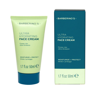 Barberino's Ultra Hydrating Face Cream, 1.7 fl oz (50 ml), is a moisturising cream for men designed to hydrate and protect, available in a tube and box.