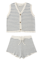 The Rylee & Cru Girls' Knit Vest Set features a sleeveless vest with coconut buttons and matching drawstring shorts, both in white with thin blue stripes and crocheted trim, laid flat on a white background—a breezy summer look.