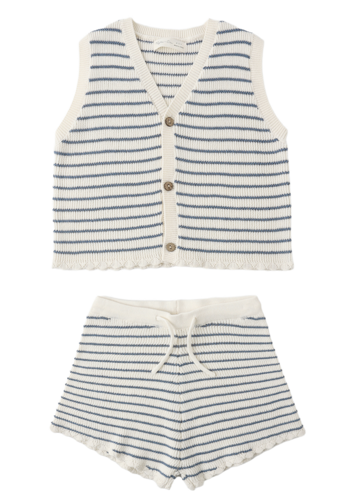 The Rylee & Cru Girls' Knit Vest Set features a sleeveless vest with coconut buttons and matching drawstring shorts, both in white with thin blue stripes and crocheted trim, laid flat on a white background—a breezy summer look.
