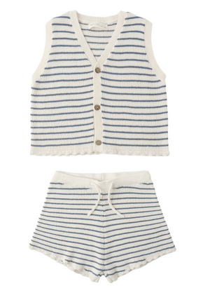 The Rylee & Cru Girls' Knit Vest Set features a sleeveless vest with coconut buttons and matching drawstring shorts, both in white with thin blue stripes and crocheted trim, laid flat on a white background—a breezy summer look.