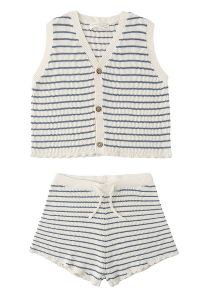 The Rylee & Cru Girls' Knit Vest Set features a sleeveless vest with coconut buttons and matching drawstring shorts, both in white with thin blue stripes and crocheted trim, laid flat on a white background—a breezy summer look.
