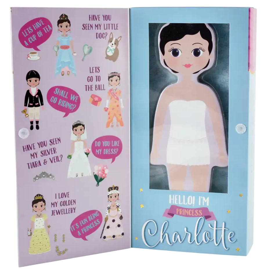 An illustrated book page showcases the Floss and Rock Charlotte Magnetic Dress Up Character, featuring Princess Charlotte with a variety of magnetic outfits and accessories, alongside inspiring princess phrases on the left page. This set encourages endless imaginative play, just like a magnetic wooden dress-up or palace scene playset—perfect for any royal occasion.