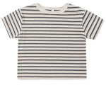 The Quincy Mae Baby Boys’ and Boys’ Boxy Tee features short sleeves, horizontal black and white stripes, a round neckline, and a small button on one shoulder. Made from soft brushed jersey for a relaxed fit, the tee is shown laid flat on a white background.