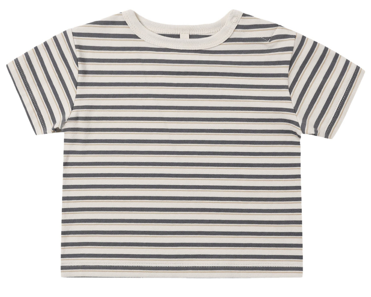 The Quincy Mae Baby Boys’ and Boys’ Boxy Tee features short sleeves, horizontal black and white stripes, a round neckline, and a small button on one shoulder. Made from soft brushed jersey for a relaxed fit, the tee is shown laid flat on a white background.
