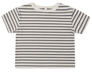 The Quincy Mae Baby Boys’ and Boys’ Boxy Tee features short sleeves, horizontal black and white stripes, a round neckline, and a small button on one shoulder. Made from soft brushed jersey for a relaxed fit, the tee is shown laid flat on a white background.