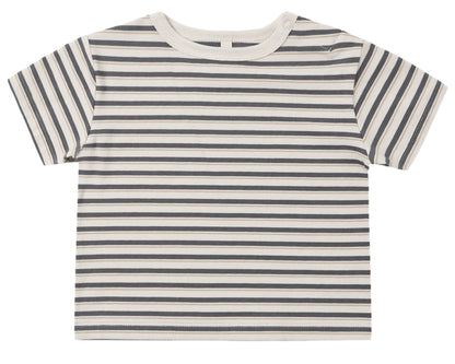 The Quincy Mae Baby Boys’ and Boys’ Boxy Tee features short sleeves, horizontal black and white stripes, a round neckline, and a small button on one shoulder. Made from soft brushed jersey for a relaxed fit, the tee is shown laid flat on a white background.