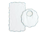 The Terry Tots Bib & Burp Set features a white scalloped-edge bib and a matching burp cloth with floral trim, perfect for sweet feeding moments, shown on a white background.