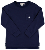 The Beaufort Bonnet Company Baby Boys’ and Boys’ Long Sleeve Carter Crewneck in navy blue, crafted from ultra-soft Pima Cotton Knit, features a front chest pocket with a small embroidered bird logo.