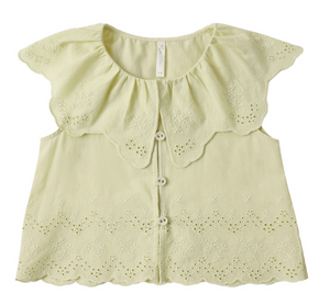 The Girls' Remi Blouse by Rylee & Cru features a light yellow hue, oversized collar, button-down front, and scalloped embroidered eyelet edges, shown against a white background.