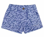 Properly Tied Boys' Mallard Short: blue with shark camo, features quick-dry, moisture-wicking fabric, elastic waistband, side pockets, and front button closure.