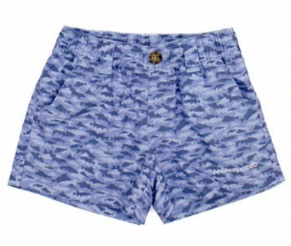 Properly Tied Boys' Mallard Short: blue with shark camo, features quick-dry, moisture-wicking fabric, elastic waistband, side pockets, and front button closure.