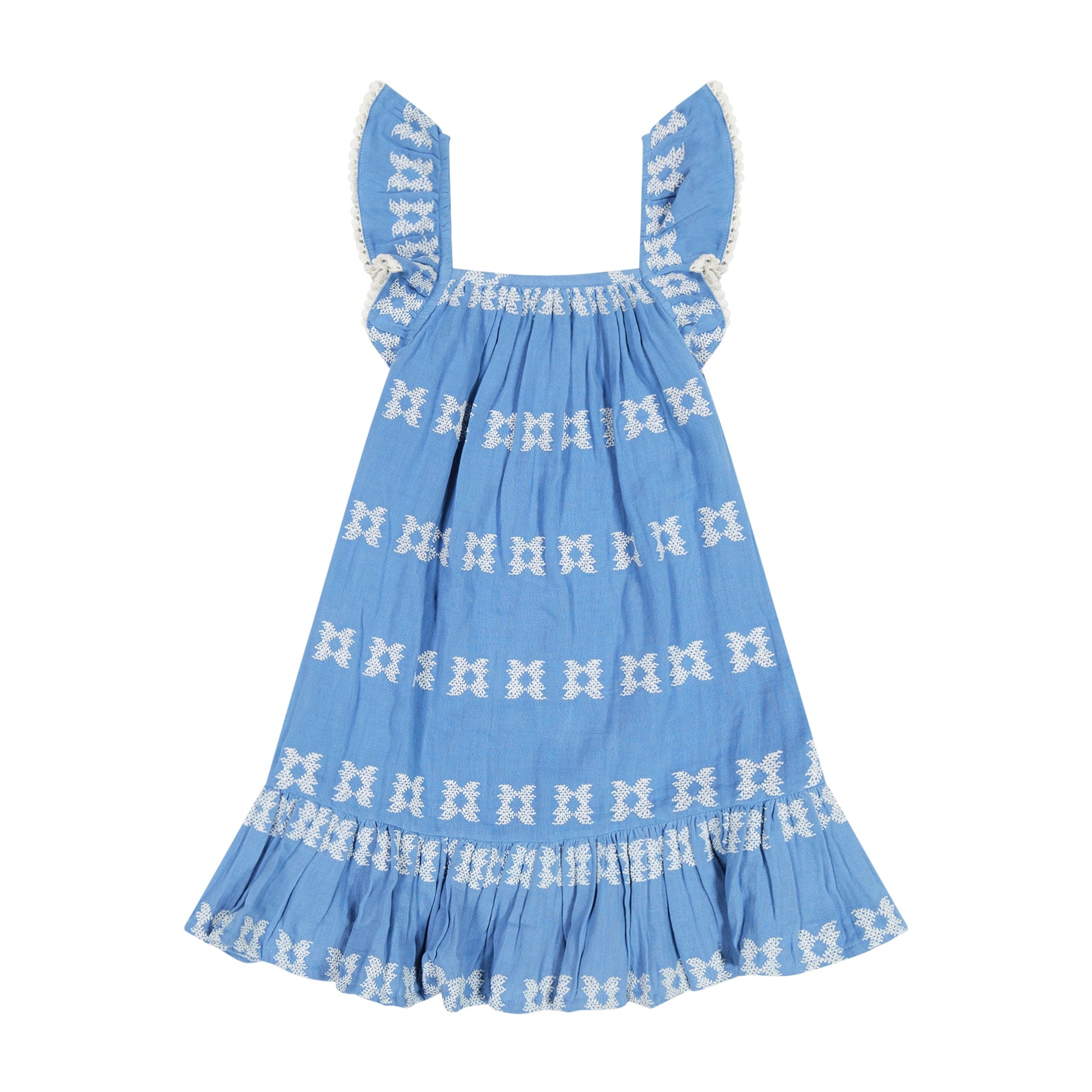 Light blue Girls’ Mini Eva Dress by Mer, adorned with delicate white embroidery, showcasing a square neckline, flutter-inspired ruffled shoulder straps, and a charming ruffled hem, displayed on a white background.