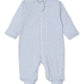 The Kissy Kissy Baby Crescent Moonlight Zip Footie, in light blue Pima cotton, offers long sleeves and footed legs, featuring a delicate moon and stars pattern in crescent moonlight pink. It includes a front zipper for convenient changes.