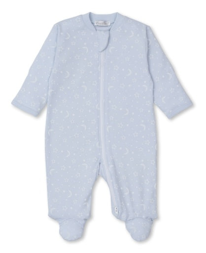 The Kissy Kissy Baby Crescent Moonlight Zip Footie, in light blue Pima cotton, offers long sleeves and footed legs, featuring a delicate moon and stars pattern in crescent moonlight pink. It includes a front zipper for convenient changes.