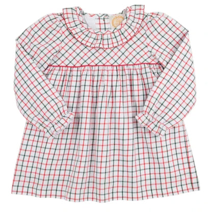 The Girls' Long Sleeve Ramona Ruffle Dress by The Beaufort Bonnet Company features a red and green Old Town Tattersall plaid, ruffled collar, gathered waist, and back button closure.