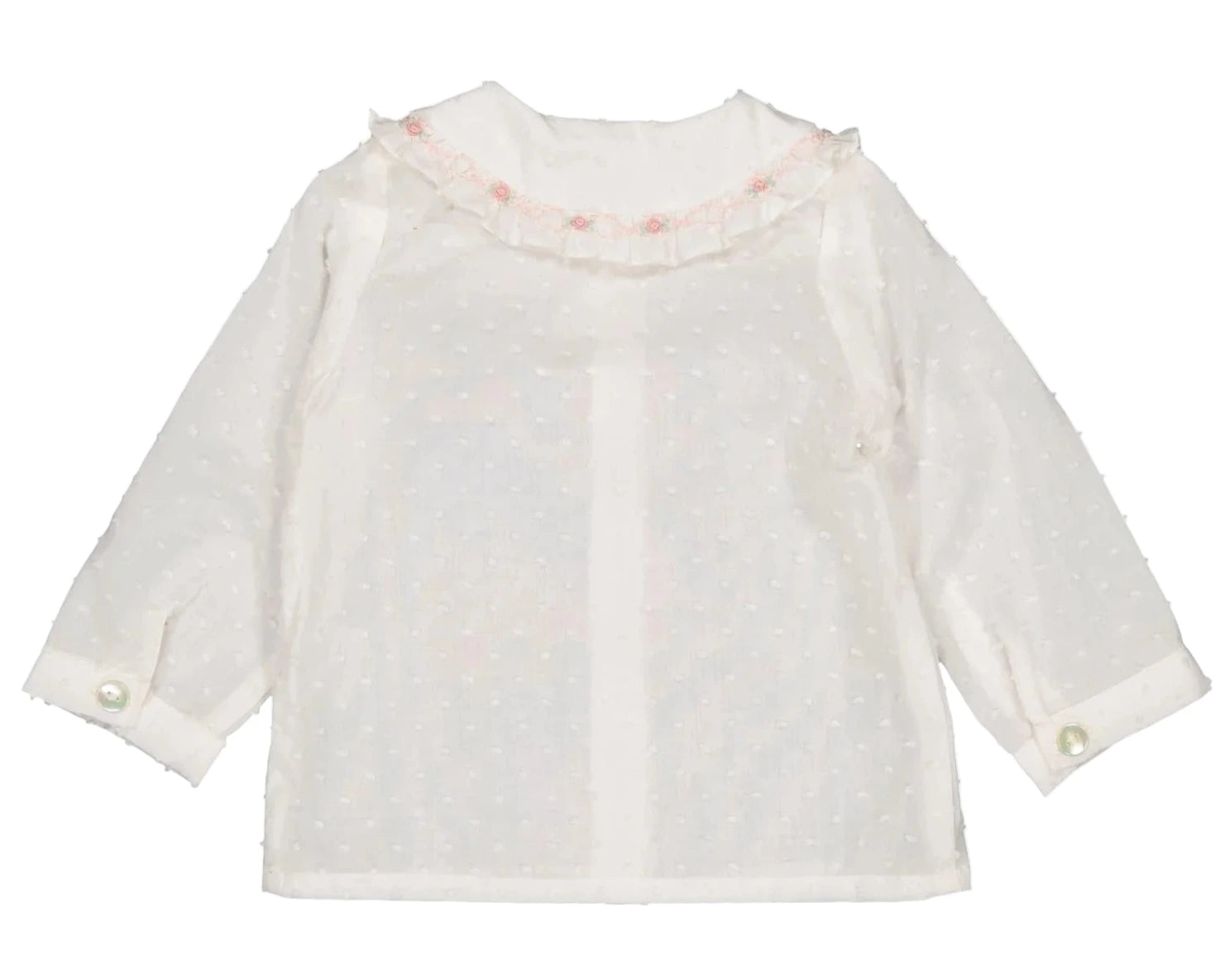 The Kidiwi Baby Girls' Lorena Blouse is a sheer off-white plumetis shirt with long sleeves, a ruffled Peter Pan collar with pink embroidery, buttoned cuffs, and a subtle dotted pattern.