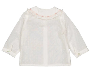 The Kidiwi Baby Girls' Lorena Blouse is a sheer off-white plumetis shirt with long sleeves, a ruffled Peter Pan collar with pink embroidery, buttoned cuffs, and a subtle dotted pattern.