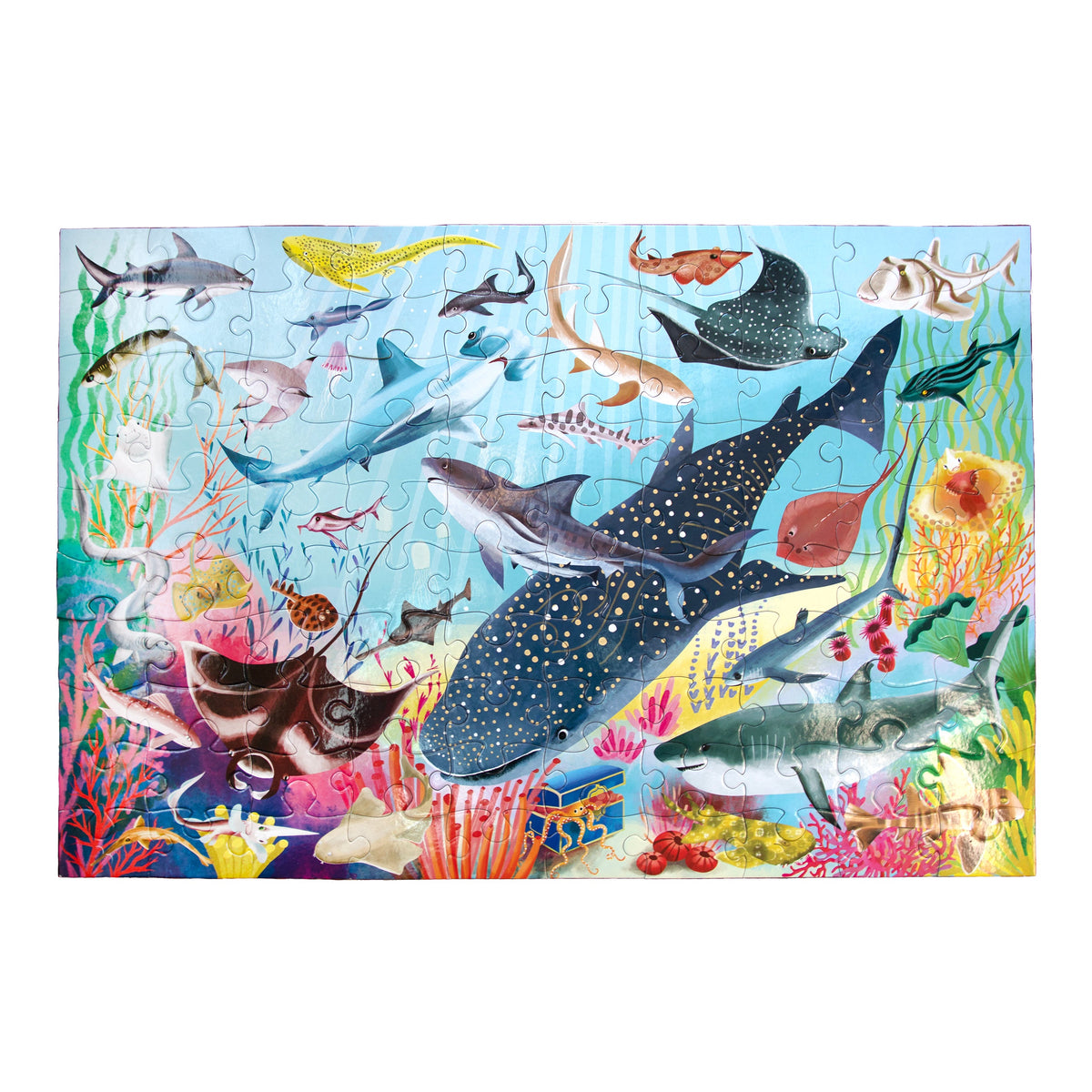 An educational eeboo Love of Sharks 100 Piece Puzzle with a variety of fish, sharks, and corals.