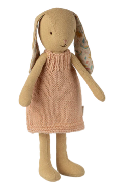 Cream Yellow Bunny in Knitted Dress - Size 1 by Maileg: a delightful cream yellow bunny doll dressed in a knitted pink dress, featuring long ears lined with floral fabric, standing upright against a white background.