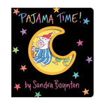 The cover of Simon & Schuster’s "Pajama Time" shows a pig in pajamas on a crescent moon, with colorful stars against a black background.