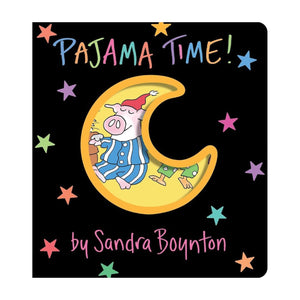 The cover of Simon & Schuster’s "Pajama Time" shows a pig in pajamas on a crescent moon, with colorful stars against a black background.