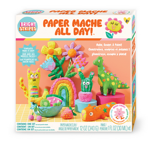 The Bright Stripes Paper Mache All Day Kit comes in a cheerful box featuring colorful animals, flowers, and rainbows, with the kit name "Paper Mache All Day!" clearly displayed. The front shows included art supplies and inspiring finished projects. This fun kit encourages kids to sculpt and create vibrant cardboard craft masterpieces easily at home.
