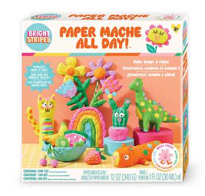 The Bright Stripes Paper Mache All Day Kit comes in a cheerful box featuring colorful animals, flowers, and rainbows, with the kit name "Paper Mache All Day!" clearly displayed. The front shows included art supplies and inspiring finished projects. This fun kit encourages kids to sculpt and create vibrant cardboard craft masterpieces easily at home.
