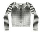 A Rylee & Cru Girls’ Long Sleeve Knit Tee, featuring a ribbed texture and black and white stripes with a scoop neck, is laid flat on a white background.