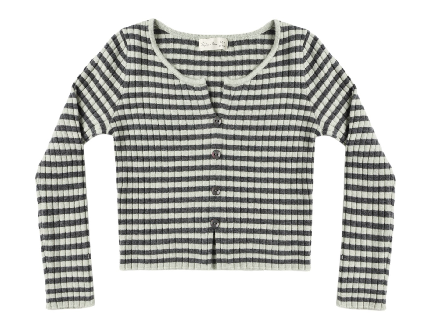 A Rylee & Cru Girls’ Long Sleeve Knit Tee, featuring a ribbed texture and black and white stripes with a scoop neck, is laid flat on a white background.