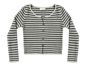 A Rylee & Cru Girls’ Long Sleeve Knit Tee, featuring a ribbed texture and black and white stripes with a scoop neck, is laid flat on a white background.