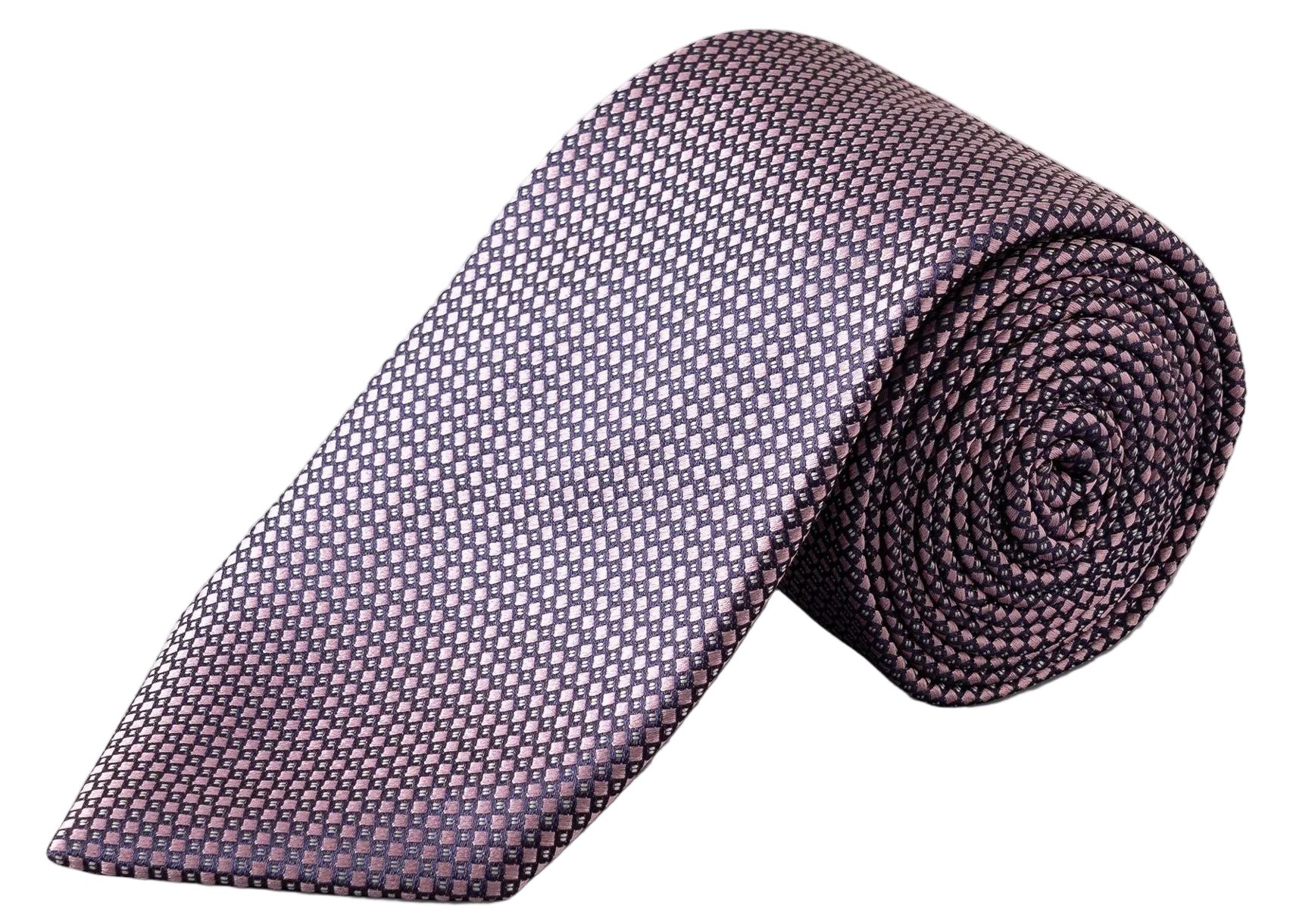 The Eton Geometric Woven Silk Tie features a textured micro geometric motif in shades of purple and pink, elegantly rolled and displayed against a white background—an ideal choice for formal occasions.