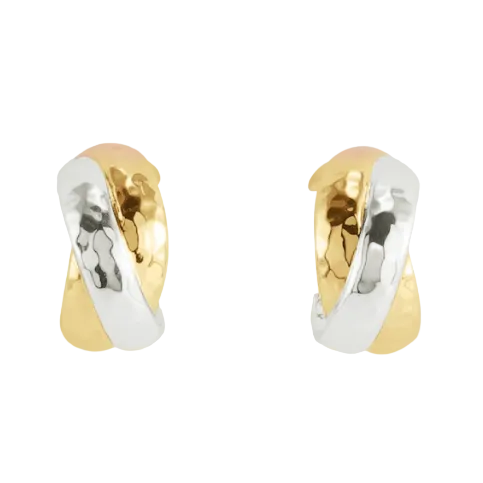 The Farrier Triple Huggie Hoop Earrings by Anabel Aram feature a twisted, hammered design in gold and silver tones, shown on a white background.
