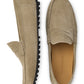 Peter Millar Suffolk Suede Driver beige Italian suede driving loafers with black rubber nub soles, shown from side and top views.
