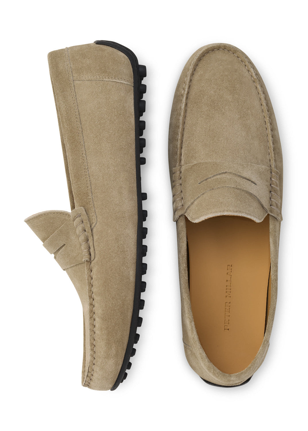 Peter Millar Suffolk Suede Driver beige Italian suede driving loafers with black rubber nub soles, shown from side and top views.