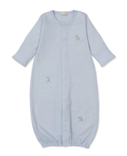 The Kissy Kissy Baby SCE Safari Party Striped Convertible Gown, shown laid flat on a white background, features soft light blue Peruvian cotton with long sleeves, an elasticized bottom, and charming small embroidered animal designs on the front.