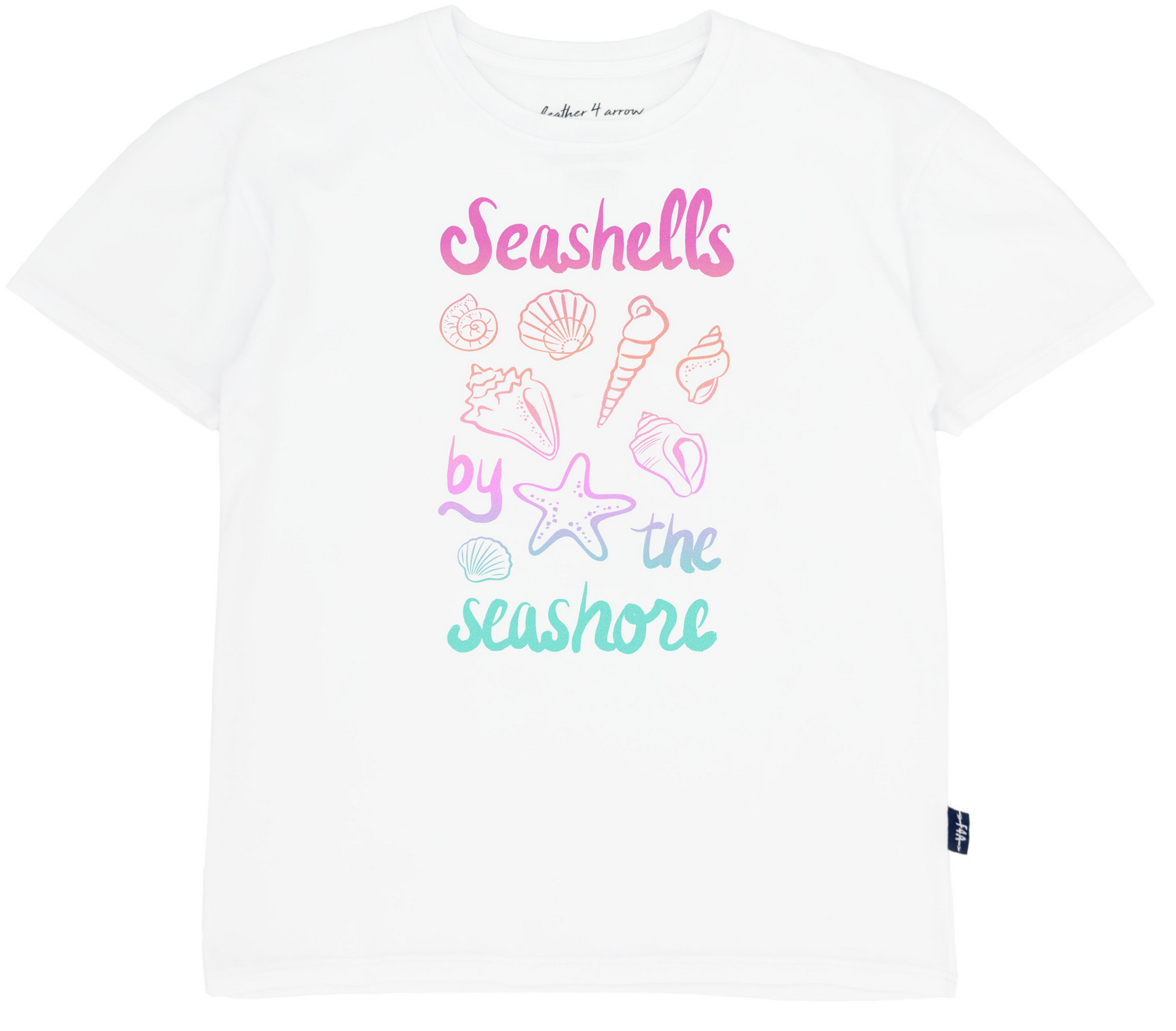 The Feather 4 Arrow Girls’ Oversized Tee is made from premium cotton and features pastel illustrations of seashells along with the phrase “Seashells by the seashore” in pink, purple, and teal.