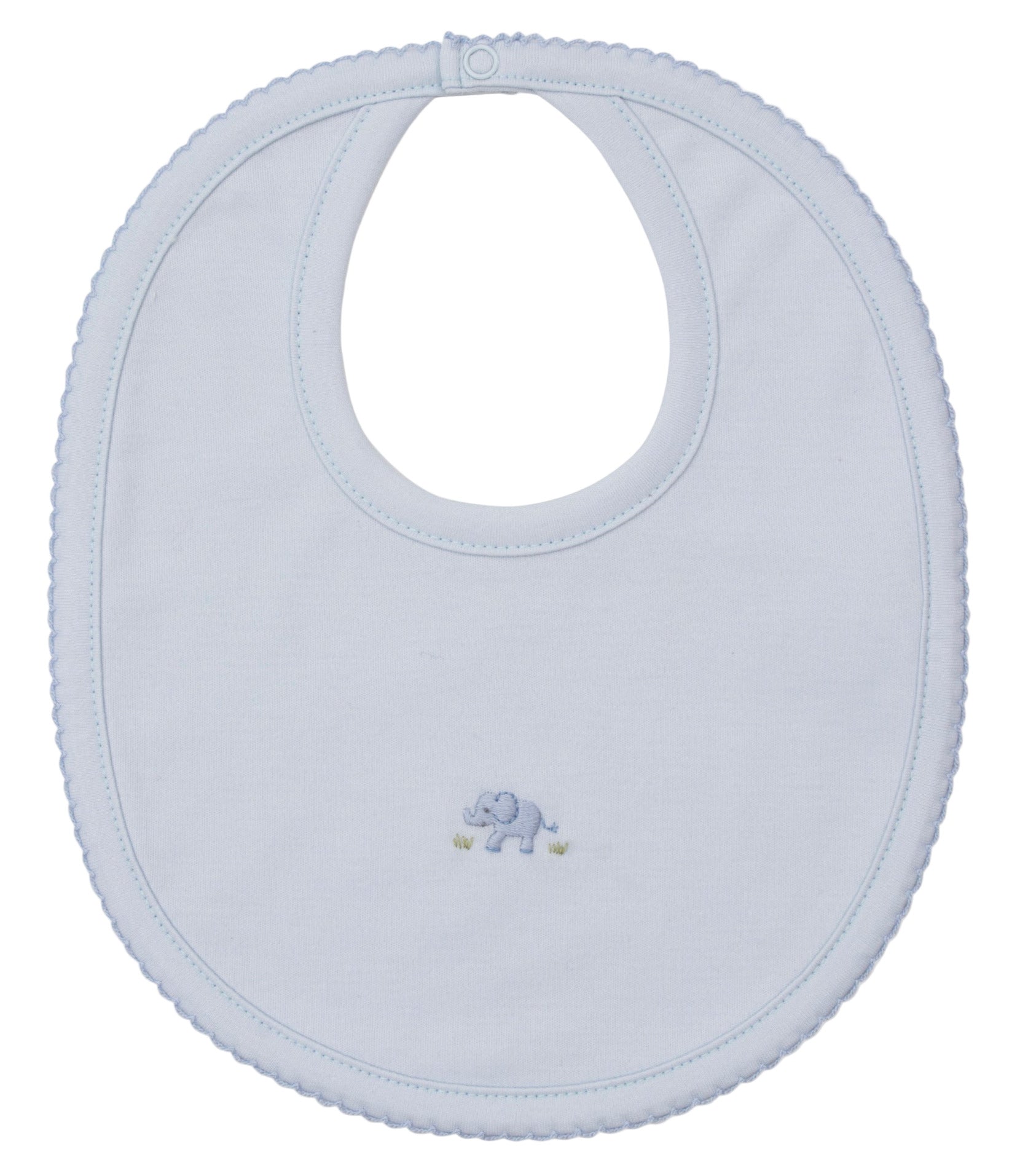 The Premier Elephant Esprit Bib with Hand Emb. by Kissy Kissy is crafted from ultra-soft Pima cotton in light blue, featuring scalloped edges and a sweet embroidered elephant at the center.