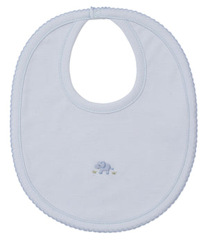 The Premier Elephant Esprit Bib with Hand Emb. by Kissy Kissy is crafted from ultra-soft Pima cotton in light blue, featuring scalloped edges and a sweet embroidered elephant at the center.