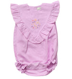 Early Sunday Baby Girls’ Lucy Baby Bubble Romper in light pink features ruffled sleeves, a ruffled bib collar, floral embroidery on the chest, and convenient snap buttons at the bottom.