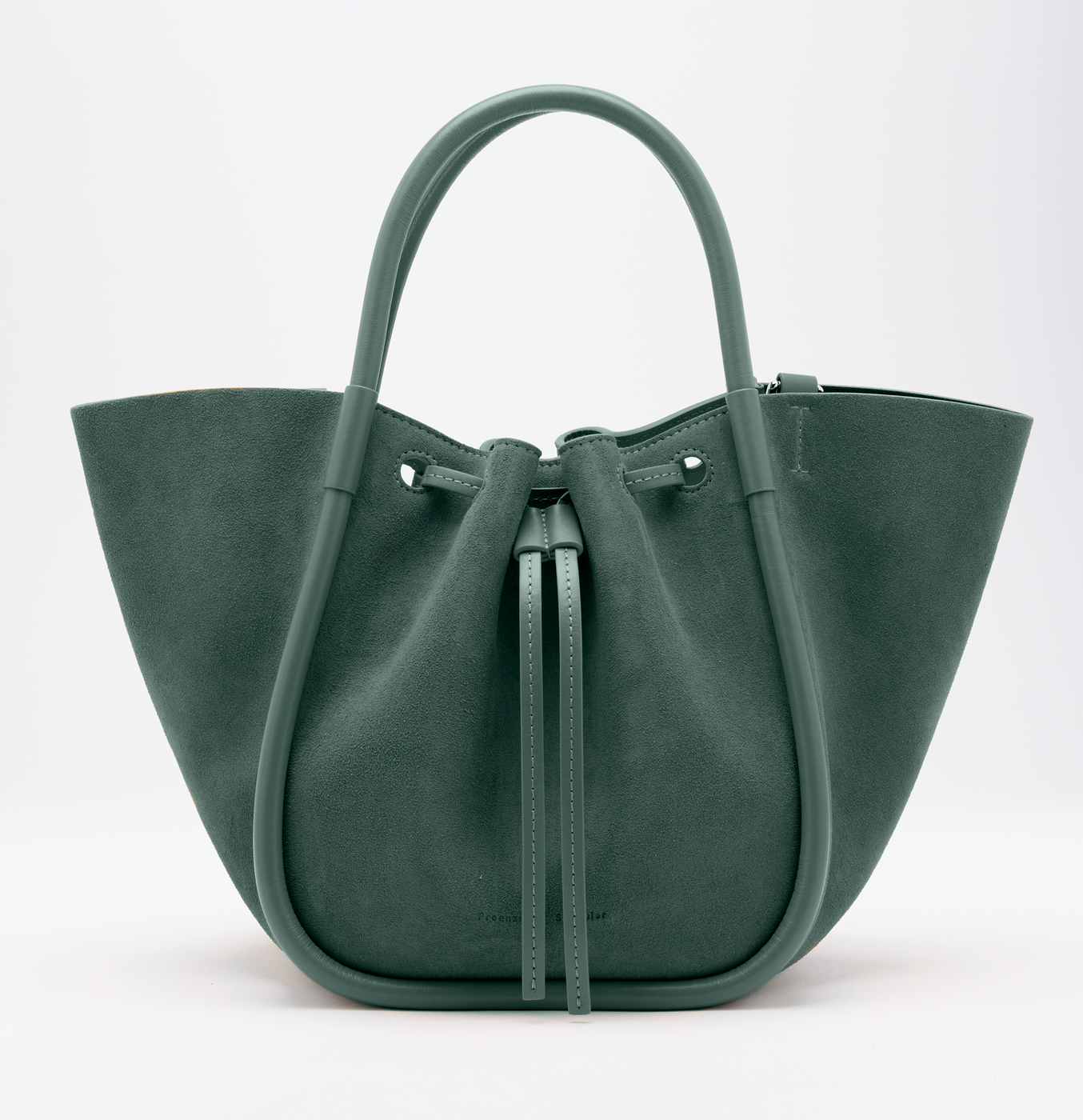 The Proenza Schouler Small Ruched Soft Suede Tote in green features structured handles, a sculptural silhouette, and a drawstring closure, showcased on a plain white background.