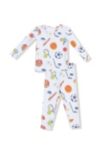 The Angel Dear Baby and Kids' Long Sleeve Loungewear Set features a colorful sports print on white, with pants and breathable fabric—perfect for bedtime or relaxing at home.