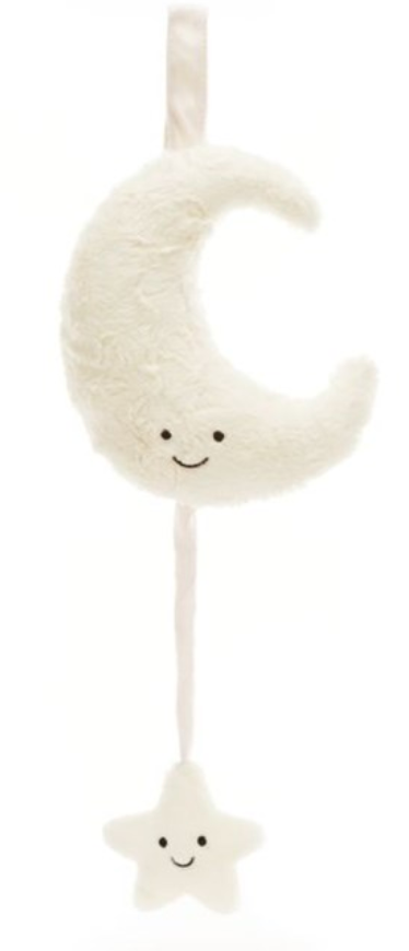 A plush crescent moon and star hanging decoration, both with smiling faces. The moon is larger and above the star, making it a delightful Jellycat Amuseables Moon Musical Pull by Jellycat.