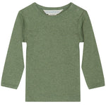 A long-sleeved, light green Serendipity Baby Soild Rib Tee made from organic cotton, featuring buttons on one shoulder, is laid flat on a white background.