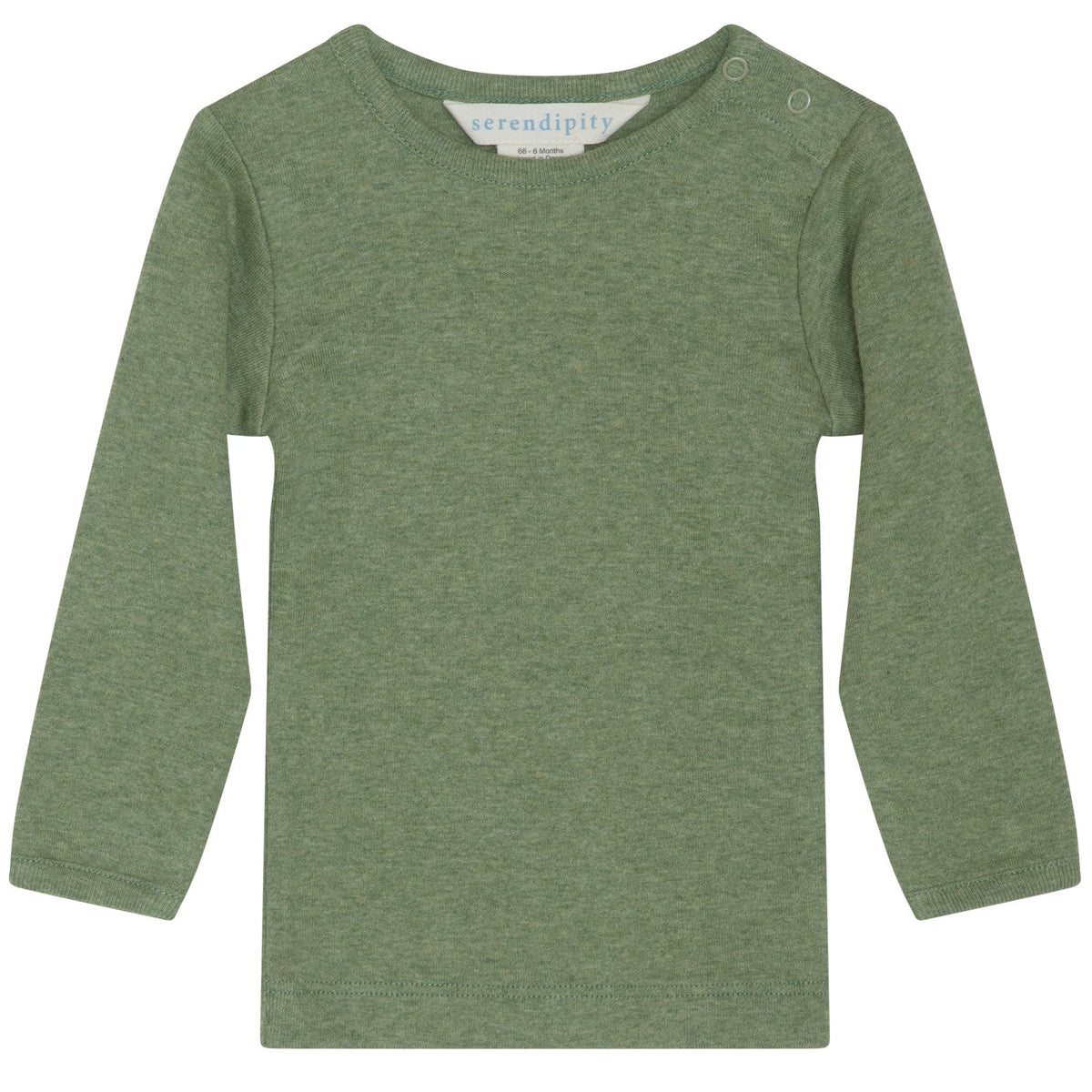 A long-sleeved, light green Serendipity Baby Soild Rib Tee made from organic cotton, featuring buttons on one shoulder, is laid flat on a white background.