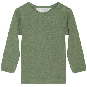 A long-sleeved, light green Serendipity Baby Soild Rib Tee made from organic cotton, featuring buttons on one shoulder, is laid flat on a white background.